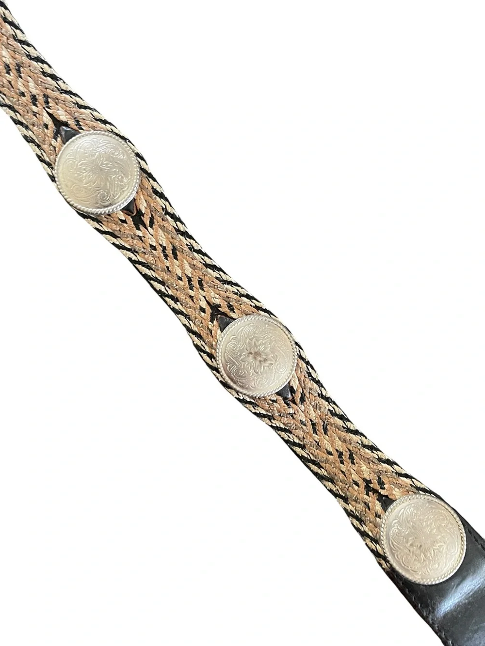 Western Leather Belt with Ornate Silver Conchos and Weaved Stiches Country Rodeo